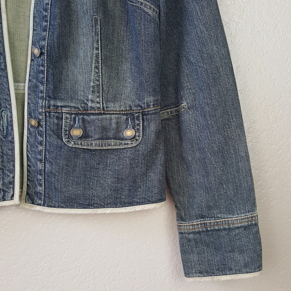 Vintage Gap Stretch Dip Dye Dark Denim Floral Trim Boho Mock Neck Jacket Coat S - Picture 7 of 8